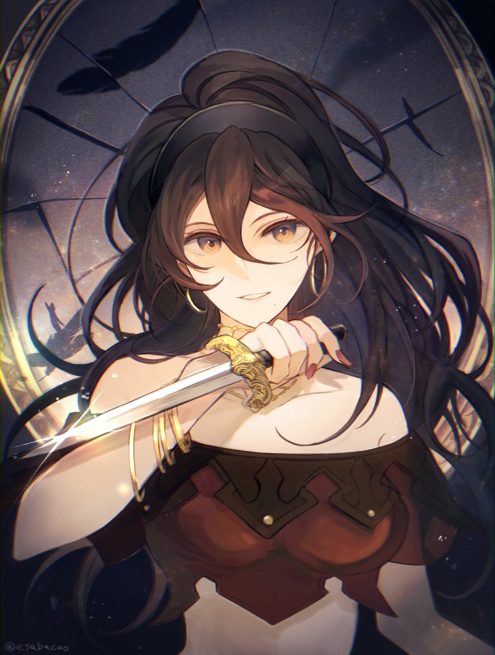 1girl bracelet crop_top dancer earrings highres hoop_earrings jewelry knife leaf_(esabacoo) long_hair looking_at_viewer mole necklace octopath_traveler octopath_traveler_i ponytail primrose_azelhart smile weapon