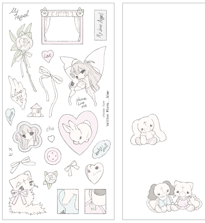black_eyes brown_hair cat cross flower house latin_cross long_hair multiple_views original ribbon simple_background stuffed_animal stuffed_cat stuffed_dog stuffed_rabbit stuffed_toy u_emper very_long_hair white_background white_flower white_ribbon white_wings wings