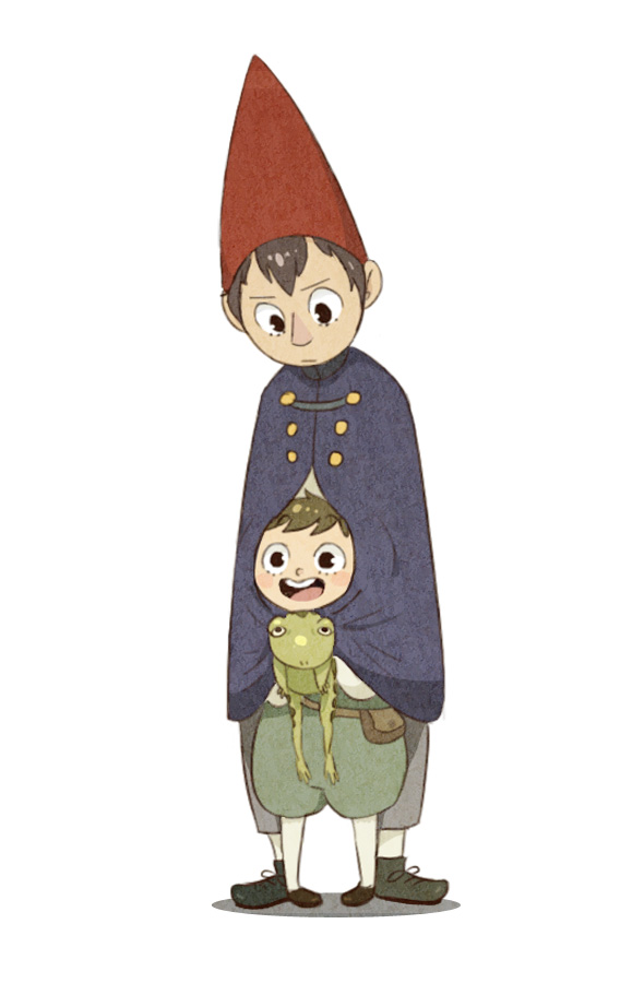 2boys :d animal black_eyes blush_stickers brothers brown_hair cape frog gregory_(over_the_garden_wall) happy hat looking_at_another looking_away looking_down multiple_boys open_mouth over_the_garden_wall siblings simple_background smile white_background wirt_(over_the_garden_wall)
