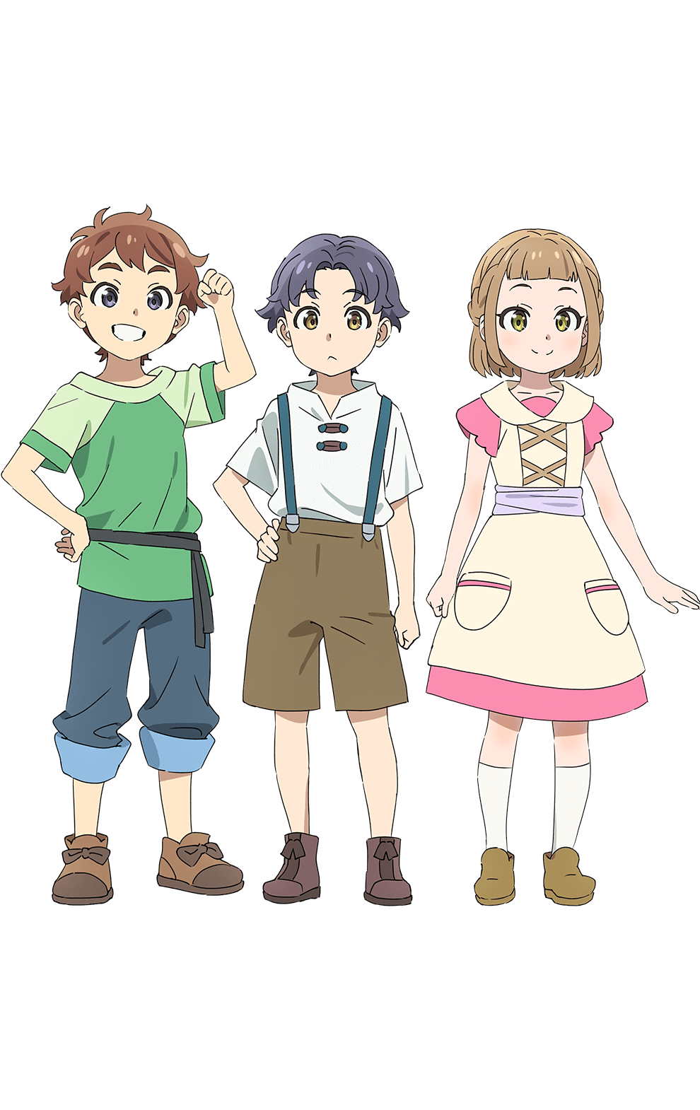 1girl 2boys :d arm_up black_hair black_pants blunt_bangs braid breasts brown_hair brown_shoes brown_shorts child clenched_hand closed_mouth curtained_hair dress frown full_body genjitsu_no_yohane green_shirt grey_eyes grin half_up_braid half_updo hand_on_own_hip highres lew_(genjitsu_no_yohane) love_live! love_live!_sunshine!! multiple_boys official_art open_mouth pants pants_rolled_up parted_bangs pink_dress rahn_(genjitsu_no_yohane) setsu_(genjitsu_no_yohane) shirt shoes short_hair shorts simple_background smile split_mouth suspender_shorts suspenders transparent_background white_shirt yellow_eyes
