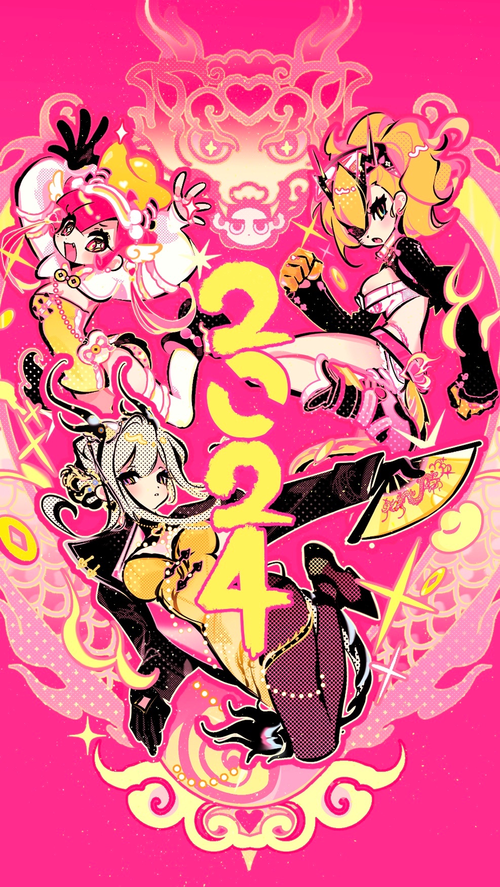 +_+ 2024 3girls arms_up black_gloves black_pantyhose blonde_hair buro_(muse_dash) china_dress chinese_clothes chinese_commentary chinese_new_year commentary_request dragon dress eastern_dragon facing_viewer fang folding_fan full_body gloves green_hair hand_fan highres holding horns looking_at_viewer marija_(muse_dash) multiple_girls muse_dash official_alternate_costume official_art one_eye_covered open_mouth pantyhose pink_background red_eyes red_hair rin_(muse_dash) rourow