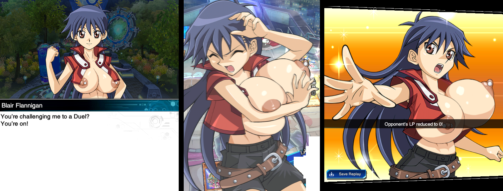 1girl alternate_breast_size blue_hair breasts breasts_out duel_academy_uniform_(yu-gi-oh!_gx) game_mod highres huge_breasts large_breasts long_hair looking_at_viewer mod nipple_piercing nipples nude_mod piercing revealing_clothes rochestedorm saotome_rei shorts topless_female very_long_hair yu-gi-oh! yu-gi-oh!_duel_links yu-gi-oh!_gx