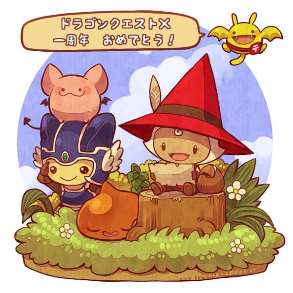 1boy 1girl blue_headwear brown_bag brown_gloves chibi chibi_only dracky dragon_quest fangs flower gloves grass hat hat_feather helmet kotorai looking_afar open_mouth puklipo red_headwear she-slime sitting on_tree_stump tree_stump white_flower