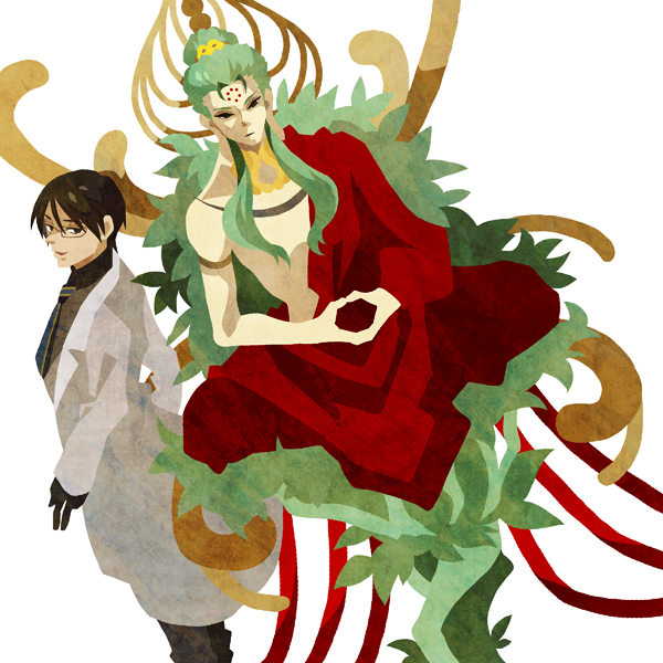 10s 2boys bad_id bad_pixiv_id black_hair facial_mark fate/extra fate_(series) forehead_mark glasses green_hair kuroihato mudra multiple_boys saver_(fate/extra) twice_h_pieceman