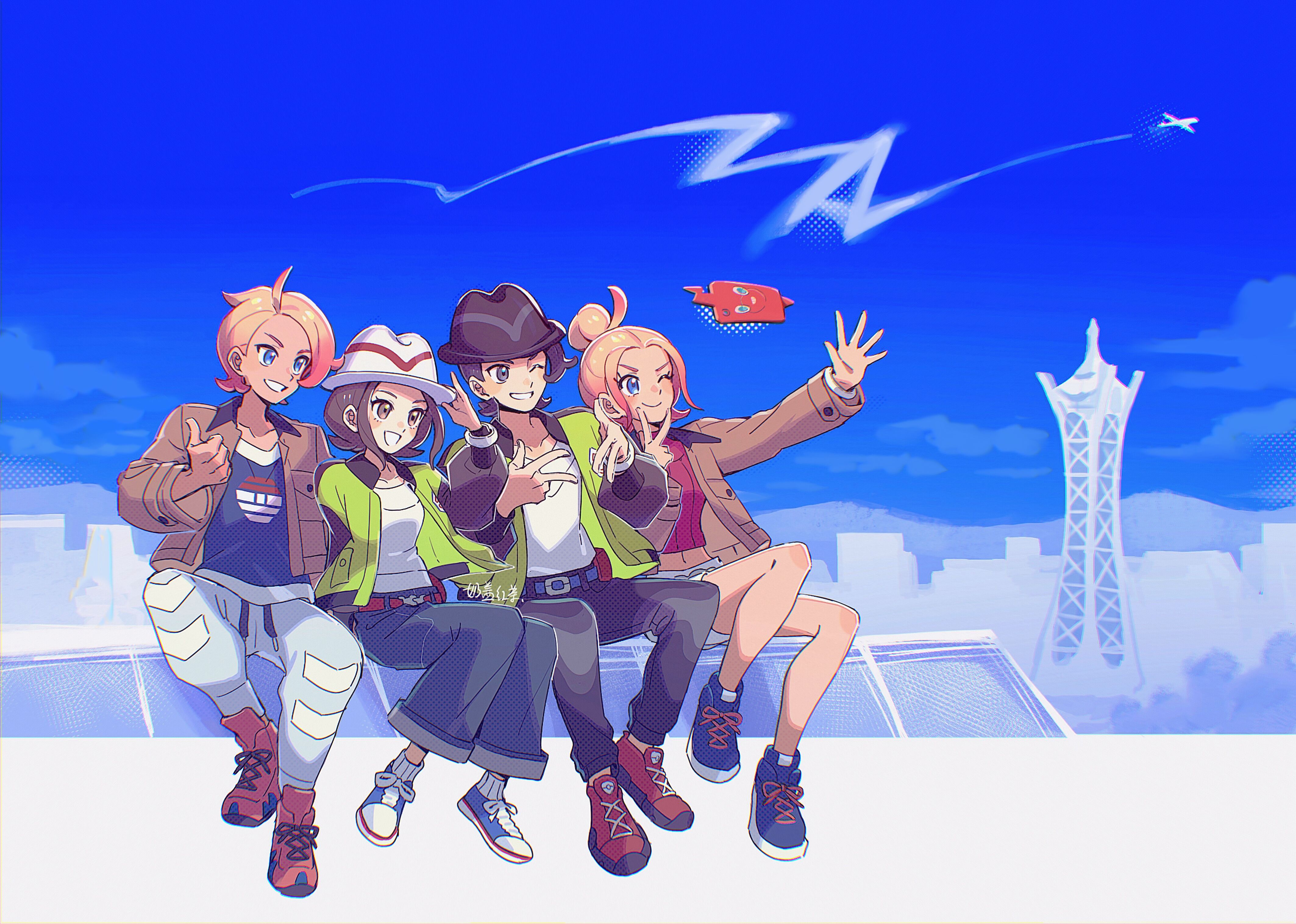 2boys 2girls absurdres bell-bottoms belt blonde_hair blue_eyes breasts brown_hair brown_jacket crop_top forehead full_body gen_4_pokemon gradient_hair green_jacket grey_eyes harmony_(pokemon) hat highres jacket long_sleeves lumiose_city mismatched_eyebrows multicolored_hair multicolored_jacket multiple_boys multiple_girls nai_gai_hongcha nintendo open_clothes open_jacket pants paxton_(pokemon) pink_eyebrows pink_hair pokemon pokemon_legends:_z-a rotom rotom_phone shirt short_hair sitting taunie_(pokemon) tower turtleneck two-tone_hair two-tone_jacket urbain_(pokemon) white_hat white_shirt