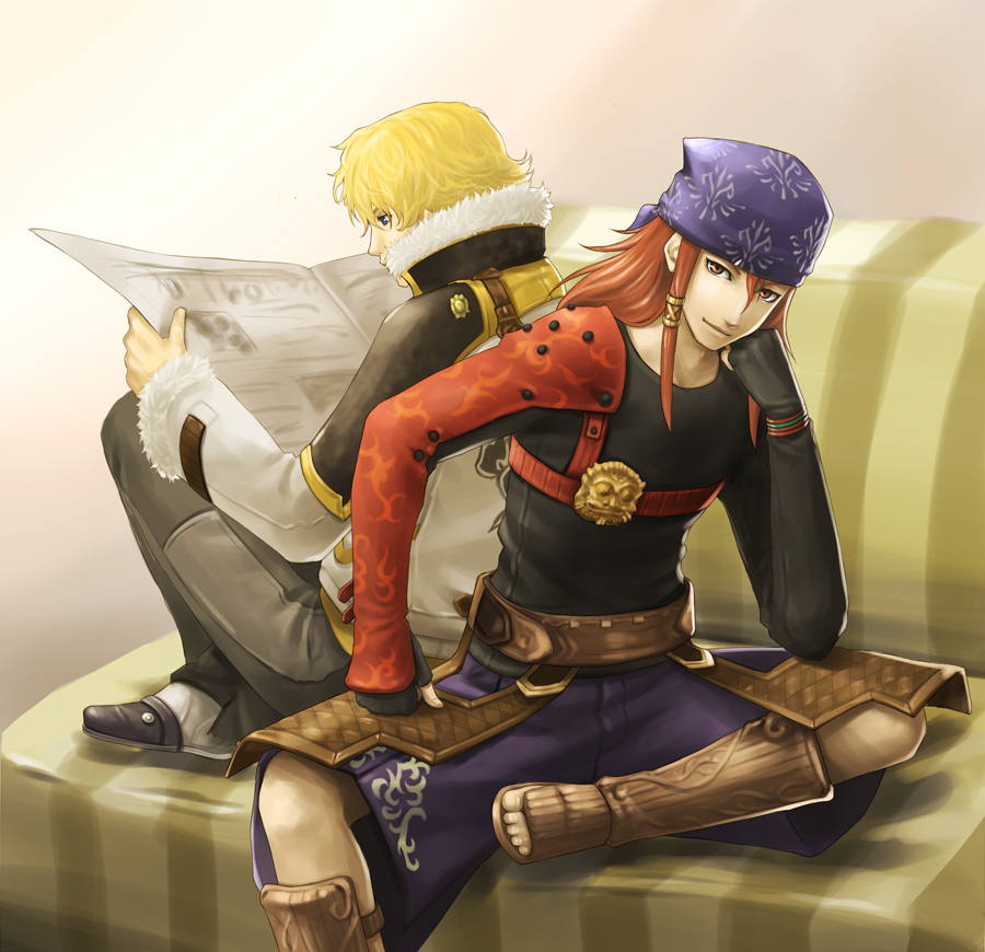 2boys bad_id bad_pixiv_id bandana blonde_hair final_fantasy final_fantasy_crystal_chronicles_the_crystal_bearers keiss layle male_focus meno_(pixiv) multiple_boys popped_collar red_hair sitting