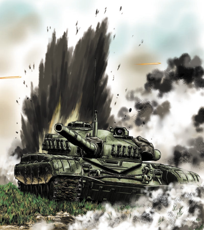 explosion grass military military_vehicle motor_vehicle no_humans original sao_satoru sky smoke t-72 tank vehicle_focus