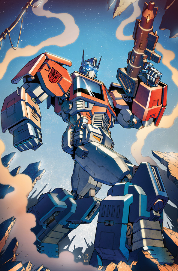 1boy artist_collaboration autobot casey_w._coller clenched_hand comic_cover cover cover_page glowing glowing_eyes gun holding holding_gun holding_weapon insignia joana_lafuente looking_ahead mecha no_humans official_art optimus_prime robot science_fiction smoke solo textless_version the_transformers_(idw) transformers weapon