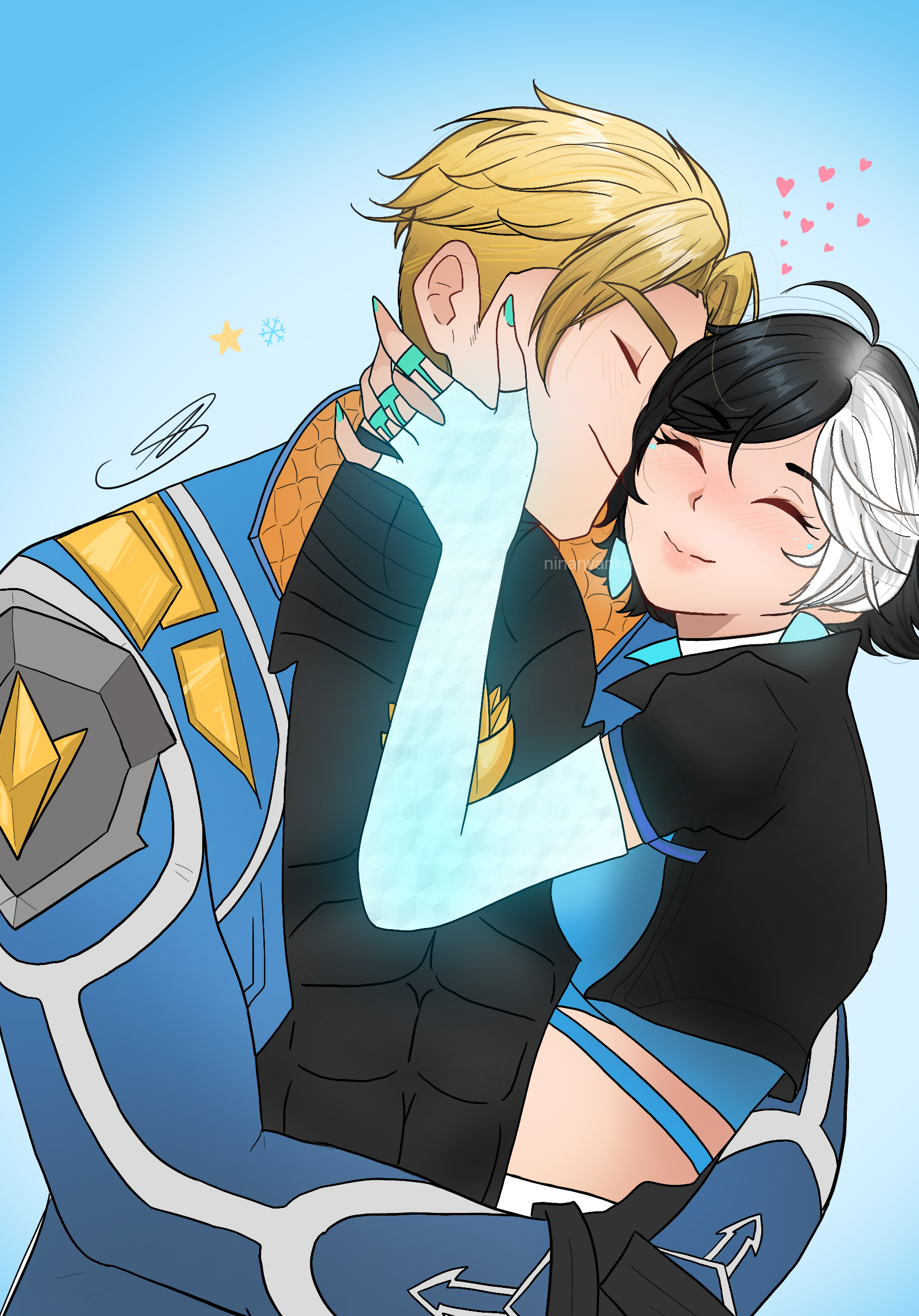 1boy 1girl ahoge artist_name asymmetrical_gloves black_gloves black_hair black_jacket blonde_hair blue_eyes blue_jacket blush closed_eyes couple earrings gloves glowing hand_on_another's_face happy heart heterochromia highres hug jacket jewelry kiss kissing_cheek luna_snow marvel marvel_rivals mismatched_gloves multicolored_hair nail_polish non-web_source peter_quill pink_lips shirt short_hair signature simple_background smile snowflakes star-lord star_(symbol) white_shirt