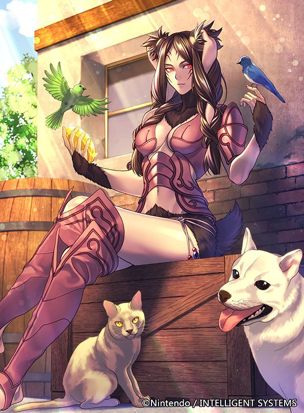 1girl animal_ears armor barrel bird boots braid braided_bangs breasts brown_hair cat cleavage crate dog facial_mark fire_emblem fire_emblem_awakening fire_emblem_cipher floppy_ears fur light_rays midriff nintendo official_art outdoors panne_(fire_emblem) purple_armor rabbit_ears rabbit_girl rabbit_tail red_eyes stone string_belt tail thighs twin_braids weapon yoneko_okome