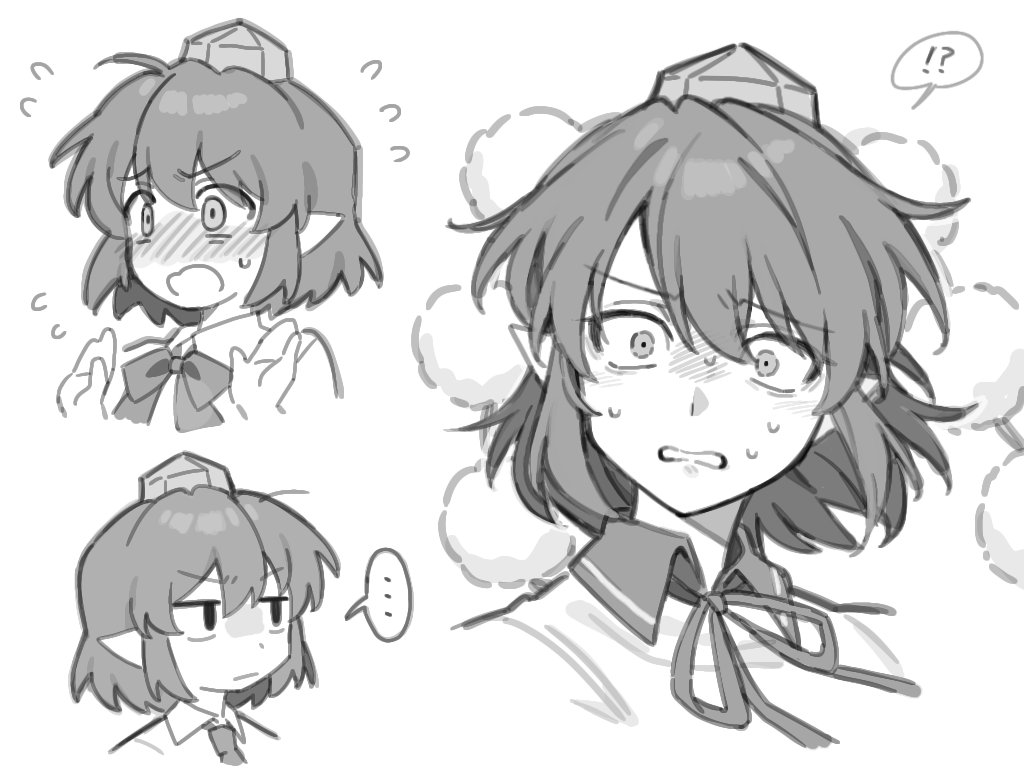 annoyed blush collared_shirt embarrassed flustered greyscale hat monochrome multiple_expressions multiple_views o_o pointy_ears pom_pom_(clothes) sakic43899 shameimaru_aya shirt simple_background tokin_hat touhou white_background worried