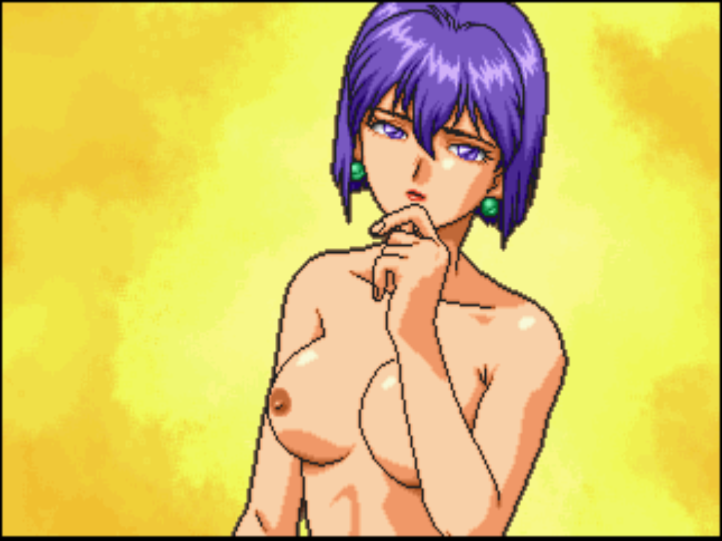 1girl breasts earrings jewelry lipstick looking_at_viewer mahjong_hyper_reaction_r makeup nipples purple_eyes purple_hair reimi_(mahjong_hyper_reaction_r) sammy yellow_background