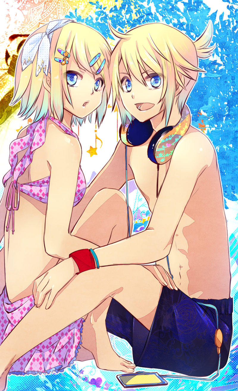 1boy 1girl aqua_eyes bad_id bad_piapro_id bikini blonde_hair brother_and_sister hair_ornament hair_ribbon hairclip headphones headphones_around_neck highres kagamine_len kagamine_rin kaisaki ribbon short_hair siblings swimsuit vocaloid