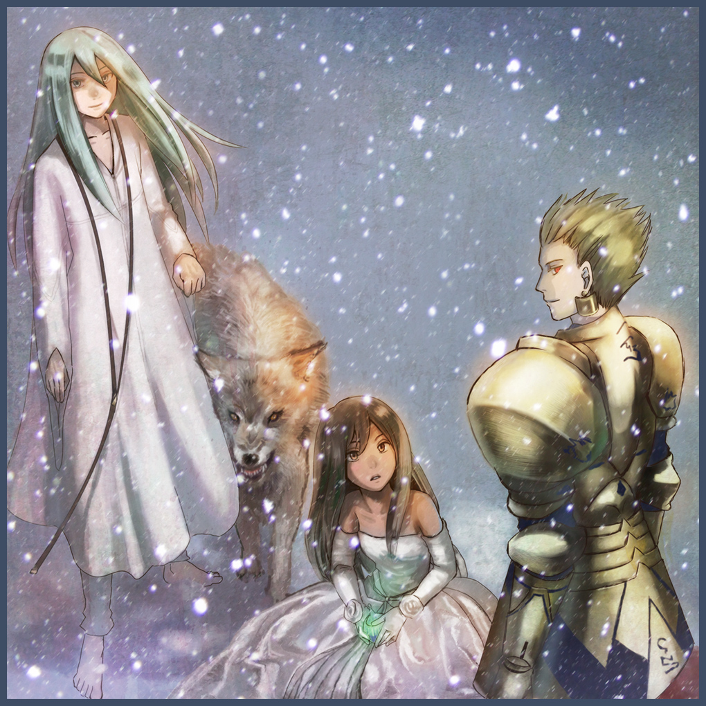 1girl 2boys armor aya_namihei barefoot blonde_hair brown_hair dress earrings elbow_gloves enkidu_(fate) fate/stay_night fate/strange_fake fate_(series) gilgamesh_(fate) gloves jewelry long_hair multiple_boys short_hair snow snowing tine_chelc trap white_hair wolf yellow_eyes