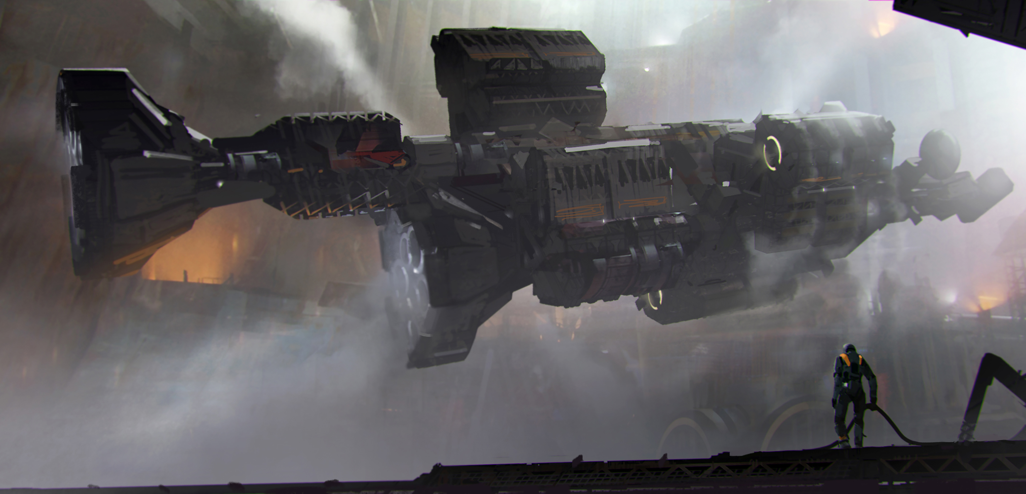 absurdres astronaut engineer fog hangar harbor highres matt_allsopp original realistic science_fiction signature smoke solo spacecraft spacesuit steam takeoff tube