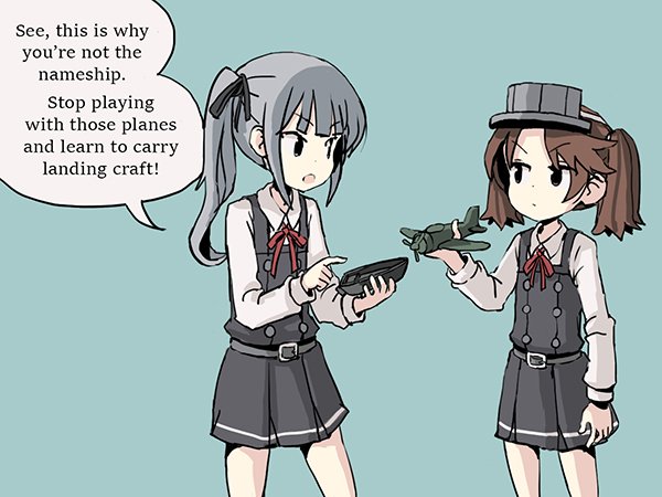 2girls aircraft airplane alternate_costume blouse brown_hair commentary cosplay dress english_text grey_hair hair_ribbon hair_tie kantai_collection kasumi_(kancolle) kasumi_(kancolle)_(cosplay) long_sleeves multiple_girls open_mouth pinafore_dress red_ribbon ribbon ryuujou_(kancolle) shirt side_ponytail sixten sleeveless_dress twintails visor_cap white_shirt