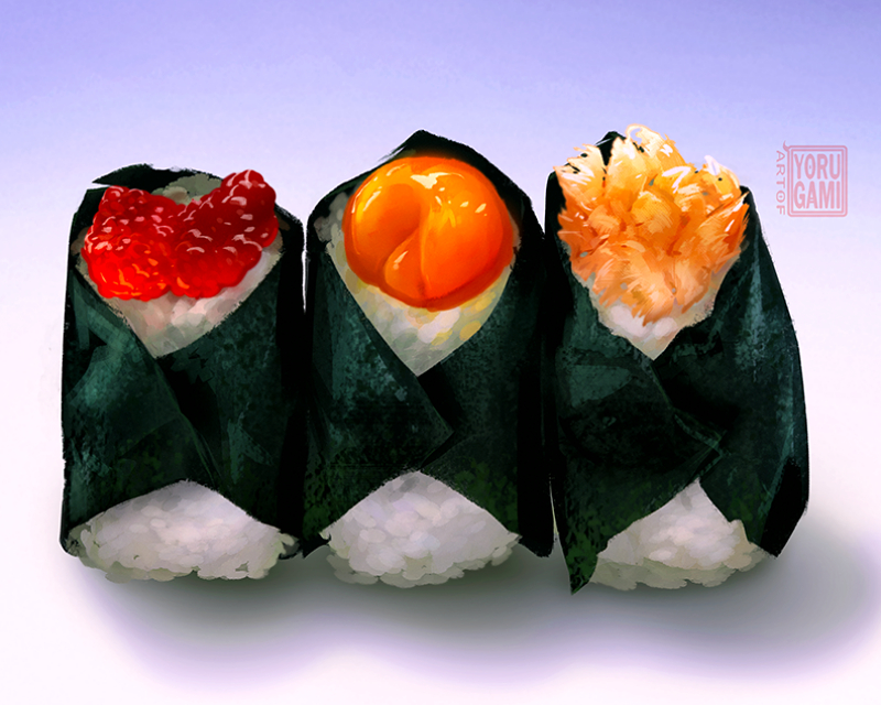 artist_name commentary egg_yolk english_commentary fish food food_focus no_humans nori_(seaweed) original realistic rice roe salmon_(fish) sushi yorugami