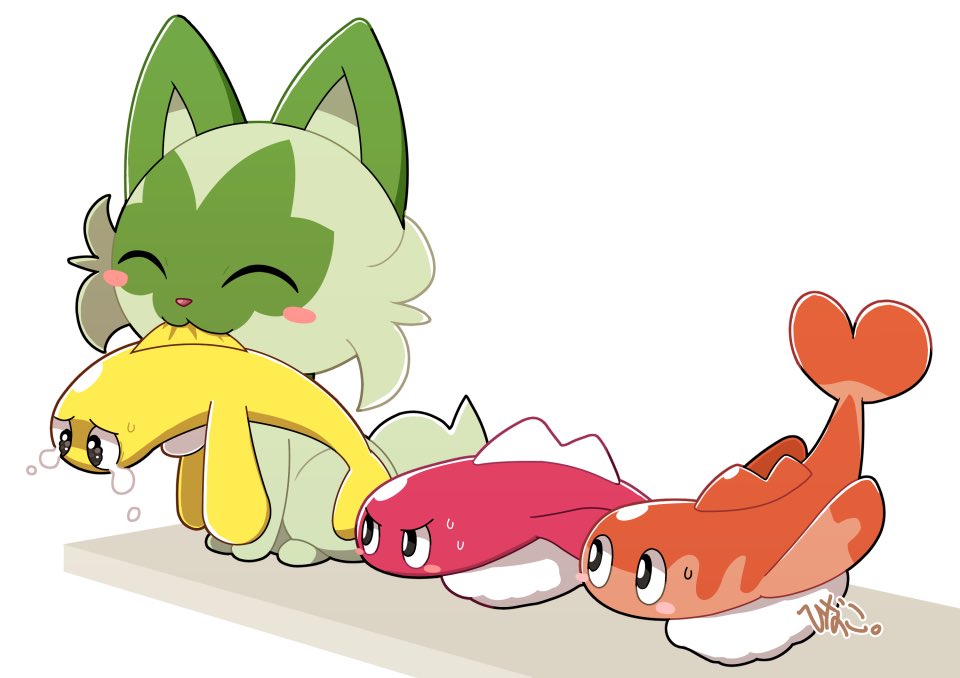 animal_focus black_eyes blush blush_stickers bright_pupils cat closed_eyes closed_mouth crying fish hinako_iroiro mouth_hold nintendo pokemon pokemon_(creature) sitting smile sprigatito tatsugiri tatsugiri_(curly) tatsugiri_(droopy) tatsugiri_(stretchy) tears white_pupils