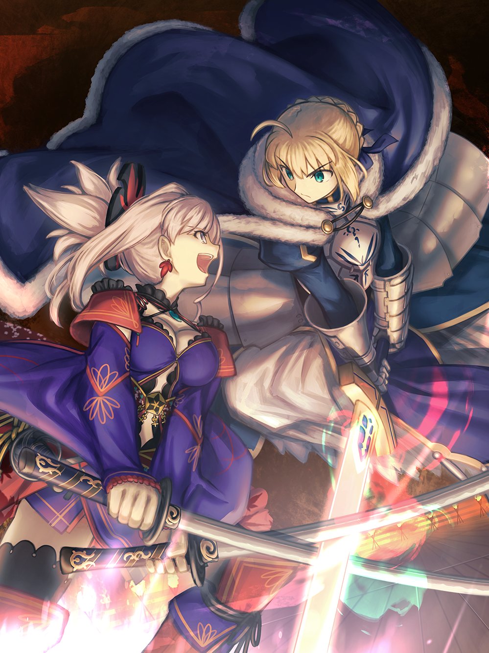 2girls ahoge armor armored_dress artoria_pendragon_(fate) asymmetrical_hair blonde_hair blue_cape blue_eyes blue_kimono blue_ribbon braid braided_bun breastplate breasts bun_cover bun_with_braided_base cape closed_mouth detached_sleeves dress dual_wielding duel earrings excalibur_(fate/stay_night) fate/grand_order fate_(series) fighting fighting_stance gauntlets gloves glowing glowing_sword glowing_weapon green_eyes hair_between_eyes hair_bun highres holding holding_sword holding_weapon japanese_clothes jewelry katana kimono leaf_earrings leaf_print long_hair long_sleeves looking_at_another maple_leaf_print medium_breasts miyamoto_musashi_(fate) miyamoto_musashi_(second_ascension)_(fate) multiple_girls open_mouth pink_hair ponytail ribbon saber_(fate) sash shoori_(migiha) short_hair short_kimono sleeveless sleeveless_kimono sword takeuchi_takashi_(style) weapon