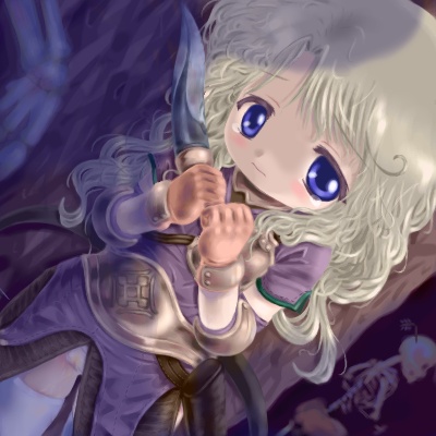 1girl 2000s_(style) archer_(ragnarok_online) armored_skirt badbullet blonde_hair blue_eyes brown_gloves dagger gloves holding holding_dagger holding_knife holding_weapon knife lowres muneate purple_shirt ragnarok_online shirt short_sleeves skeleton skeleton_(ragnarok_online) solo thighhighs undead wavy_hair weapon white_thighhighs