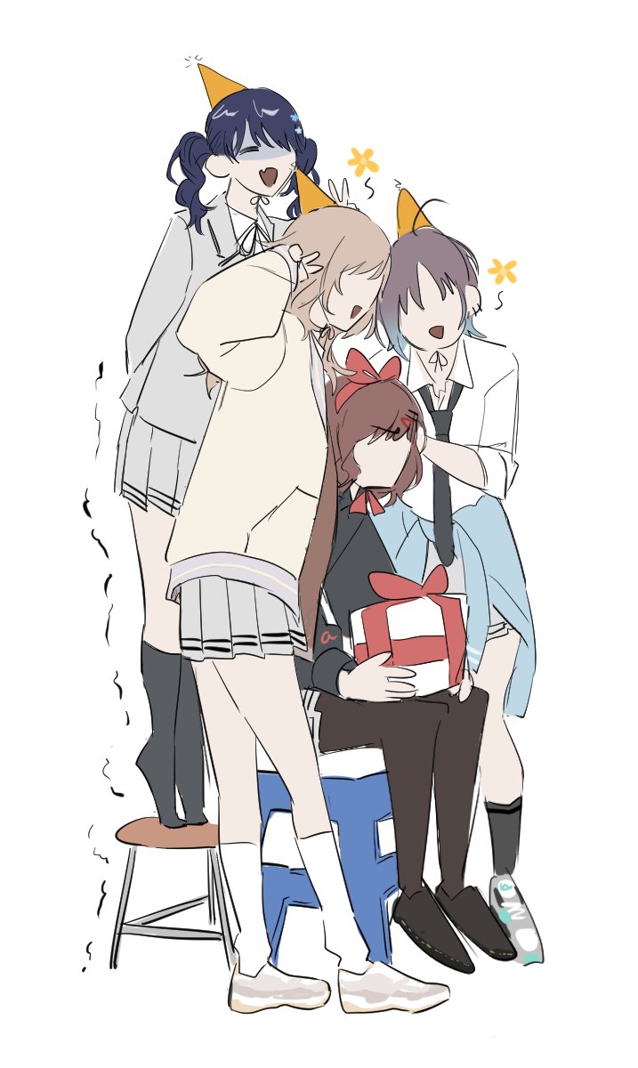 4girls 5yon_t alternate_view arm_behind_back asakura_toru blue_hair dark_blue_hair faceless faceless_female fang floral_print fukumaru_koito full_body gift highres higuchi_madoka ichikawa_hinana idolmaster idolmaster_shiny_colors kneehighs multiple_girls noctchill_(idolmaster) on_chair one_eye_covered outstretched_foot outstretched_legs pleated_skirt school_uniform shaded_face simple_background skin_fang skirt smile socks solo_focus standing standing_on_chair trembling twintails v wavy_mouth white_background