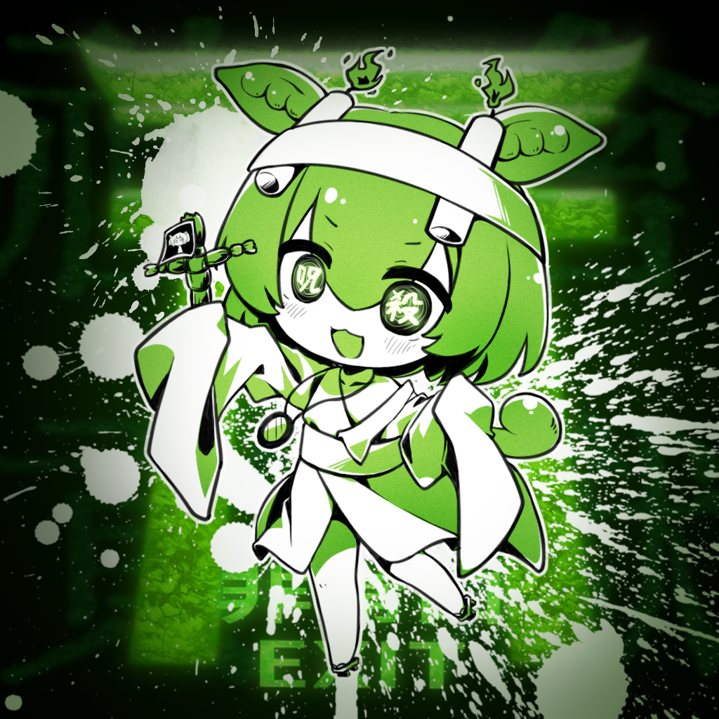 1girl alternate_costume arm_up bax-2 blurry blurry_background blush candle chibi chinese_commentary collarbone colored_tongue commentary_request doll exit_sign geta green_theme hashihime headband holding holding_doll japanese_clothes jewelry kimono long_hair long_sleeves looking_at_viewer low_ponytail monochrome no_pants obi off_shoulder pendant photo_(object) ponytail sash shakai_kouken_ganbaru_no_da!!. short_eyebrows sleeves_past_fingers sleeves_past_wrists solo splatter_background straw_doll text_background text_in_eyes torii touhoku_kiritan v-shaped_eyebrows voicevox zundamon