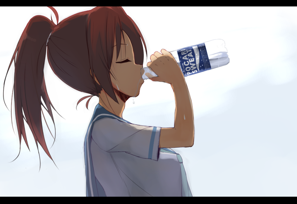 10s 1girl bottle brown_hair closed_eyes female_focus gradient_background hibike!_euphonium letterboxed long_hair nakagawa_natsuki pocari_sweat ponytail school_uniform serafuku solo tsuru_(tsubasa1993621)