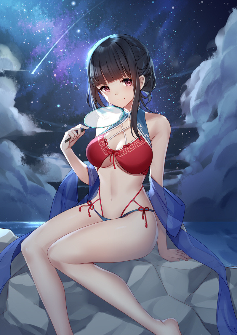 1girl arm_support bare_shoulders bikini bison_cangshu black_hair blue_bikini blunt_bangs breasts cleavage closed_mouth cloud hand_fan holding long_hair looking_at_viewer medium_breasts mismatched_bikini navel night night_sky ocean outdoors red_bikini red_eyes shawl shooting_star side-tie_bikini_bottom sidelocks sitting sky smile solo star_(sky) stomach swimsuit thighs underboob warship_girls_r yat_sen_(warship_girls_r)