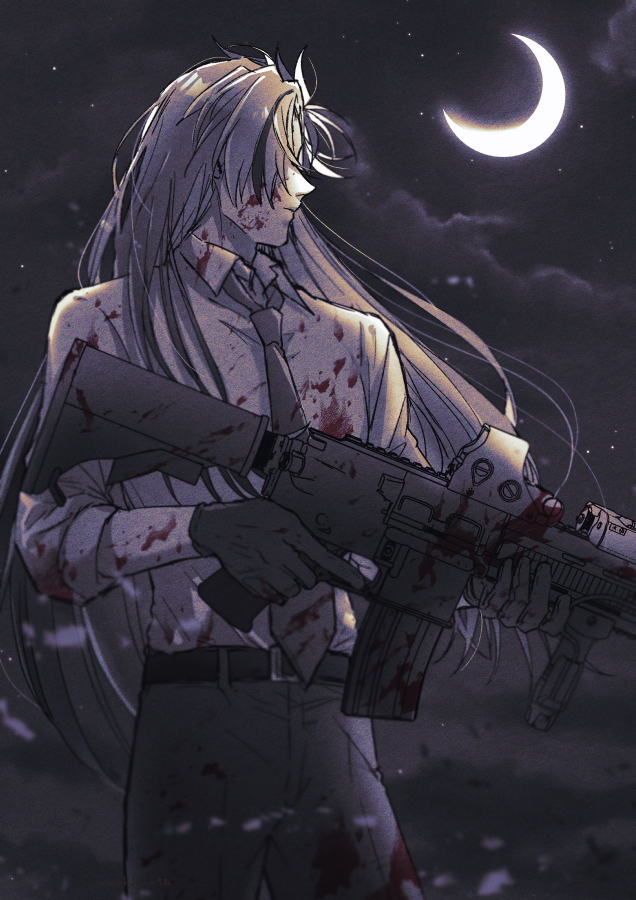 1boy alternate_costume assault_rifle belt blood blood_on_clothes blood_on_face bloody_weapon closed_mouth cloud collared_shirt covered_eyes cowboy_shot crescent_moon expressionless fate/grand_order fate_(series) gloves greyscale gun hair_over_one_eye holding holding_gun holding_weapon long_hair looking_to_the_side male_focus masaki_(star8moon) monochrome moon multicolored_hair necktie night pants profile rifle shirt sky sleeves_rolled_up solo spot_color star_(sky) starry_sky streaked_hair takasugi_shinsaku_(fate) trigger_discipline weapon