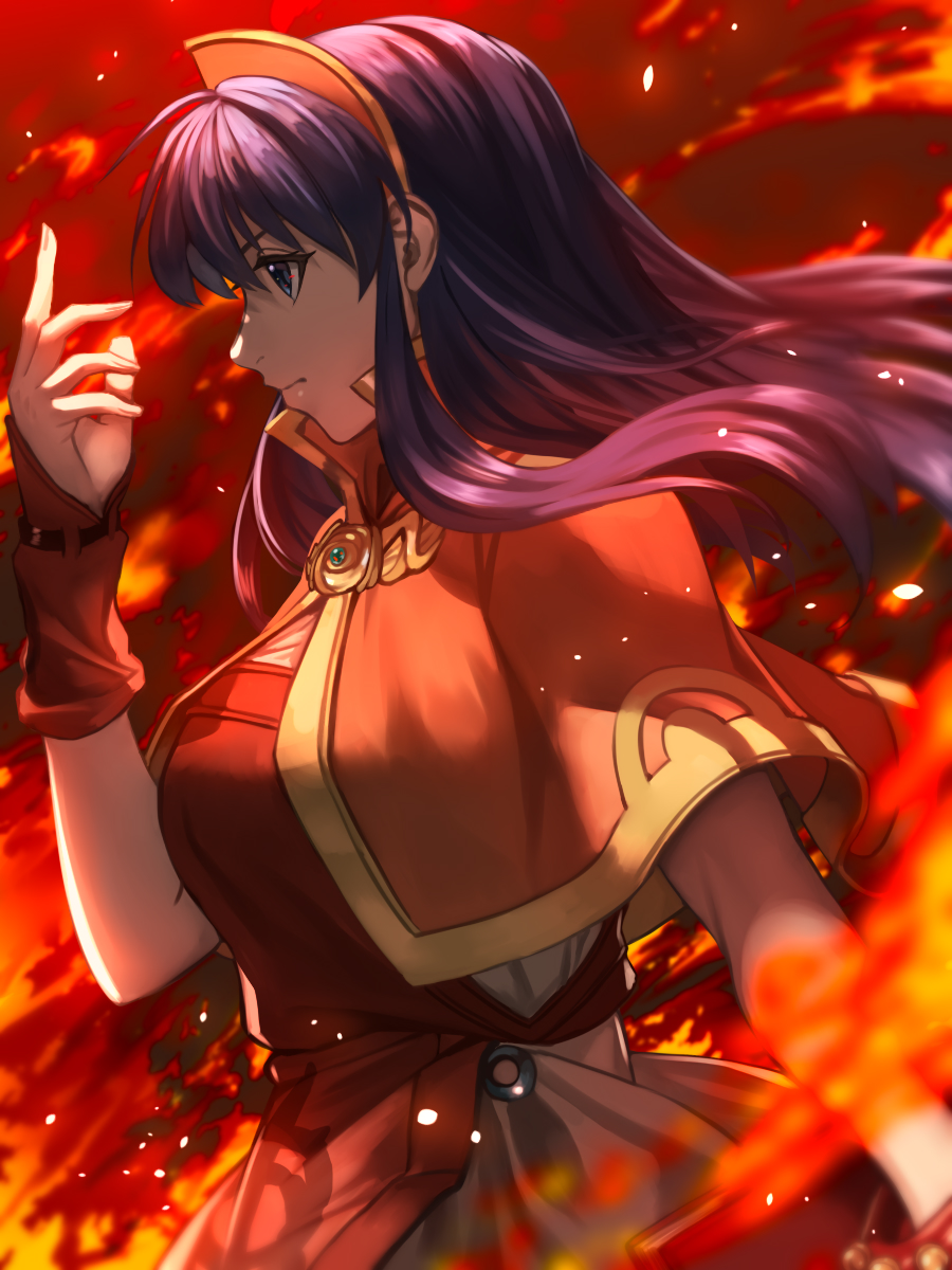 1girl blue_eyes blue_hair capelet closed_mouth commentary_request delsaber dress fingernails fire fire_emblem fire_emblem:_the_binding_blade floating_hair gold_trim hat highres lilina_(fire_emblem) long_hair magic nintendo profile red_capelet red_dress sleeveless sleeveless_dress solo
