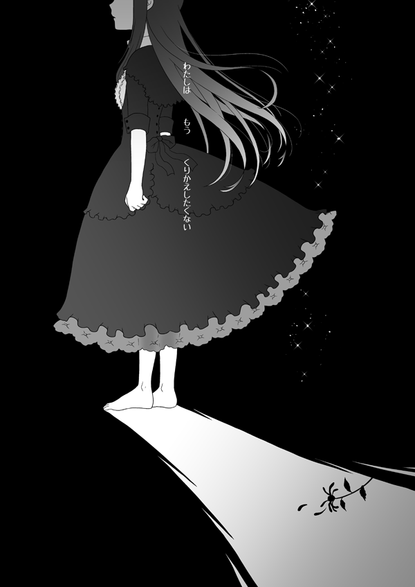 1girl akemi_homura akemi_homura_(black_dress) barefoot buttons clenched_hand collared_capelet commentary_request dress faceless faceless_female flower full_body greyscale kinoji long_dress long_hair long_shadow long_sleeves mahou_shoujo_madoka_magica mahou_shoujo_madoka_magica:_hangyaku_no_monogatari monochrome parted_lips petals sidelocks sleeve_cuffs solo sparkle spider_lily standing three-quarter_sleeves translation_request very_long_hair