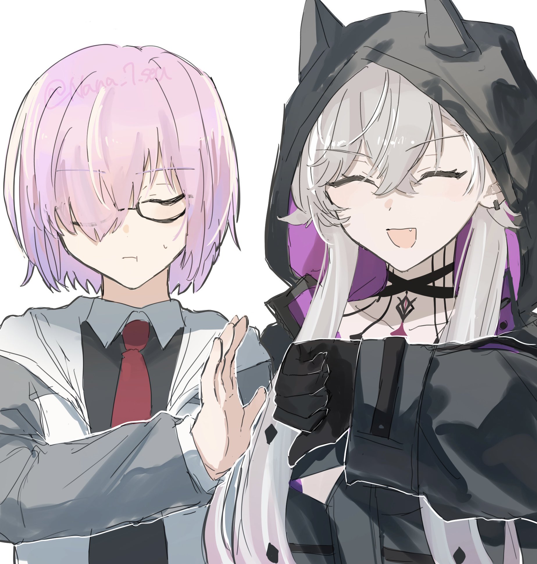 1234eabc 2girls black_gloves closed_eyes earrings false_smile fang fate/grand_order fate_(series) glasses gloves grey_hair hair_over_one_eye highres hood hooded_jacket jacket jewelry lilith_(fate) mash_kyrielight multiple_girls necktie purple_hair red_necktie smile stop_(gesture) thumbs_down twintails twitter_username white_background