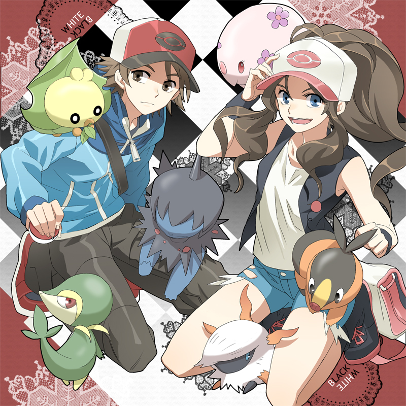 10s 1boy 1girl bag baseball_cap blue_eyes brown_eyes brown_hair copyright_name deino_(pokemon) denim denim_shorts gen_5_pokemon hat high_ponytail hilbert_(pokemon) hilda_(pokemon) holding holding_poke_ball jacket larvesta long_hair looking_at_viewer msmoderato munna nintendo open_mouth poke_ball pokemon pokemon_(creature) pokemon_bw ponytail sewaddle short_hair shorts snivy tepig vest