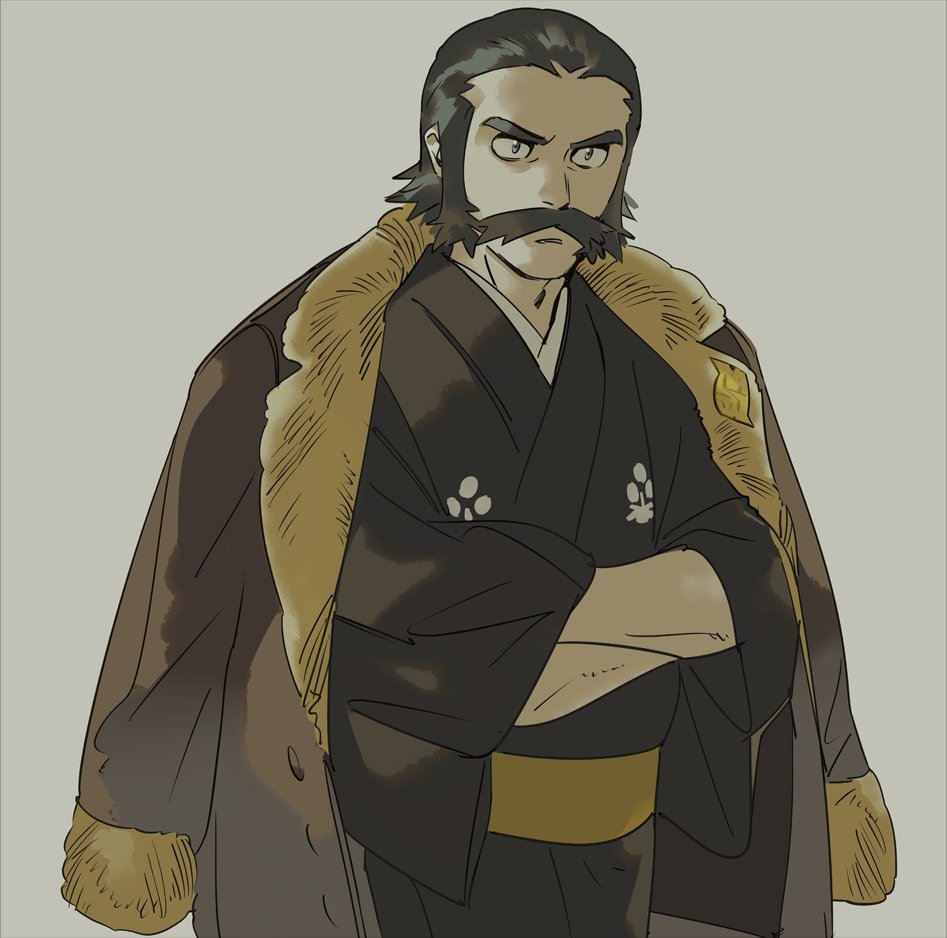 1boy brown_hair brown_jacket commentary_request facial_hair fur-trimmed_jacket fur_trim grey_eyes jacket jacket_on_shoulders japanese_clothes kamado_(pokemon) kimono logo male_focus mustache nintendo open_clothes open_jacket parted_lips pokemon pokemon_legends:_arceus sash short_hair solo tsuruba_(tsu41014812) yellow_sash