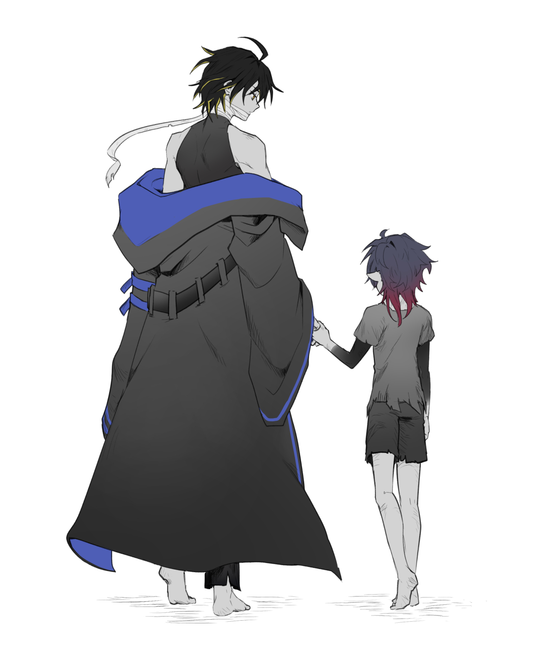 2boys ahoge alchemy_stars bandages bandaged_head bandages bare_shoulders barefoot black_hair black_shirt black_shorts blonde_hair blue_hair child colored_inner_hair colored_skin from_behind grey_shirt holding_hands highres hydrad_(alchemy_stars) kleken_(alchemy_stars) long_sleeves lumbbyz male_focus medium_hair multicolored_hair multiple_boys off_shoulder pointy_ears red_hair shirt short_hair shorts simple_background sleeveless sleeveless_shirt walking white_background wide_sleeves yellow_eyes aged_down