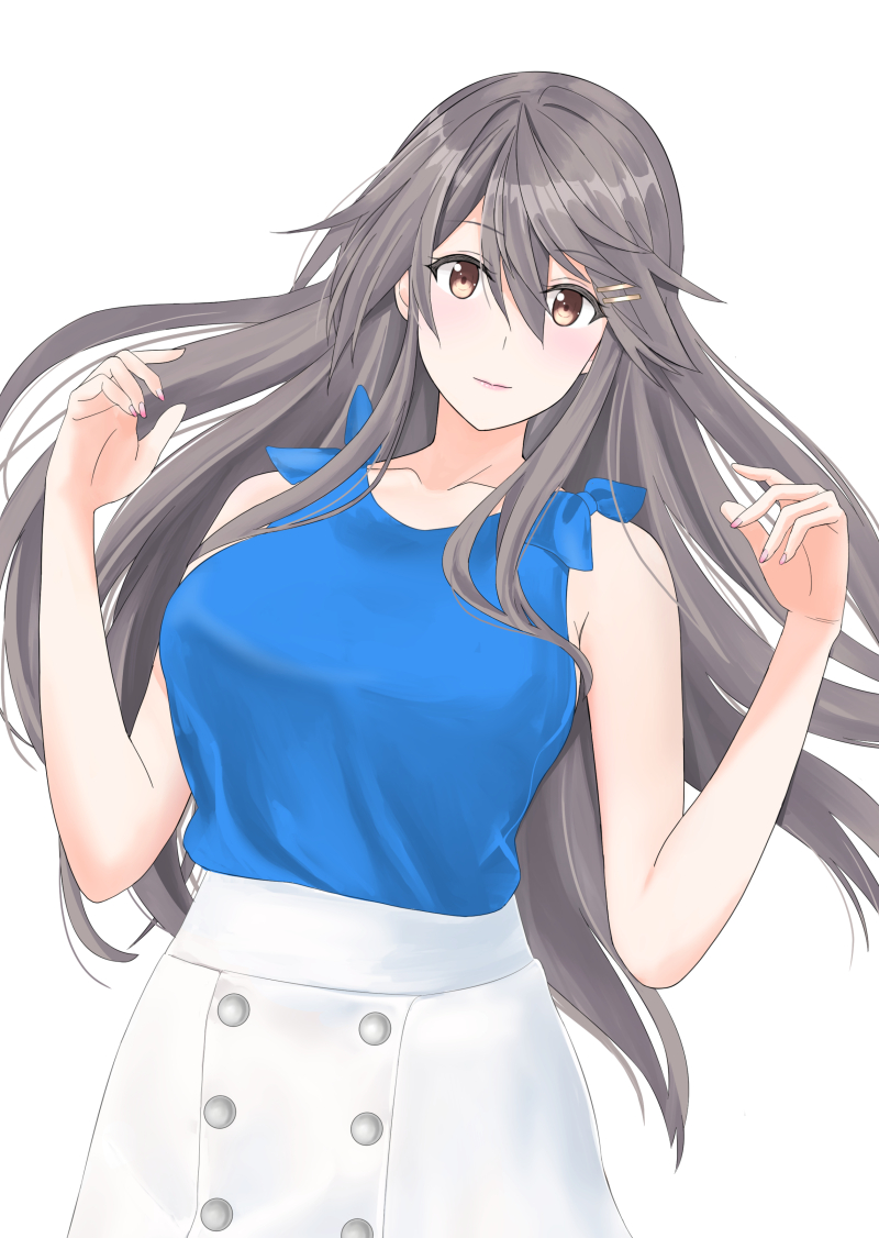 1girl black_hair blue_shirt brown_eyes cowboy_shot hair_ornament hairclip haruna_(kancolle) haruna_(lawson)_(kancolle) kantai_collection long_hair looking_at_viewer official_alternate_costume shirt simple_background skirt sleeveless sleeveless_shirt smile solo takase_asagiri w_arms white_background white_skirt