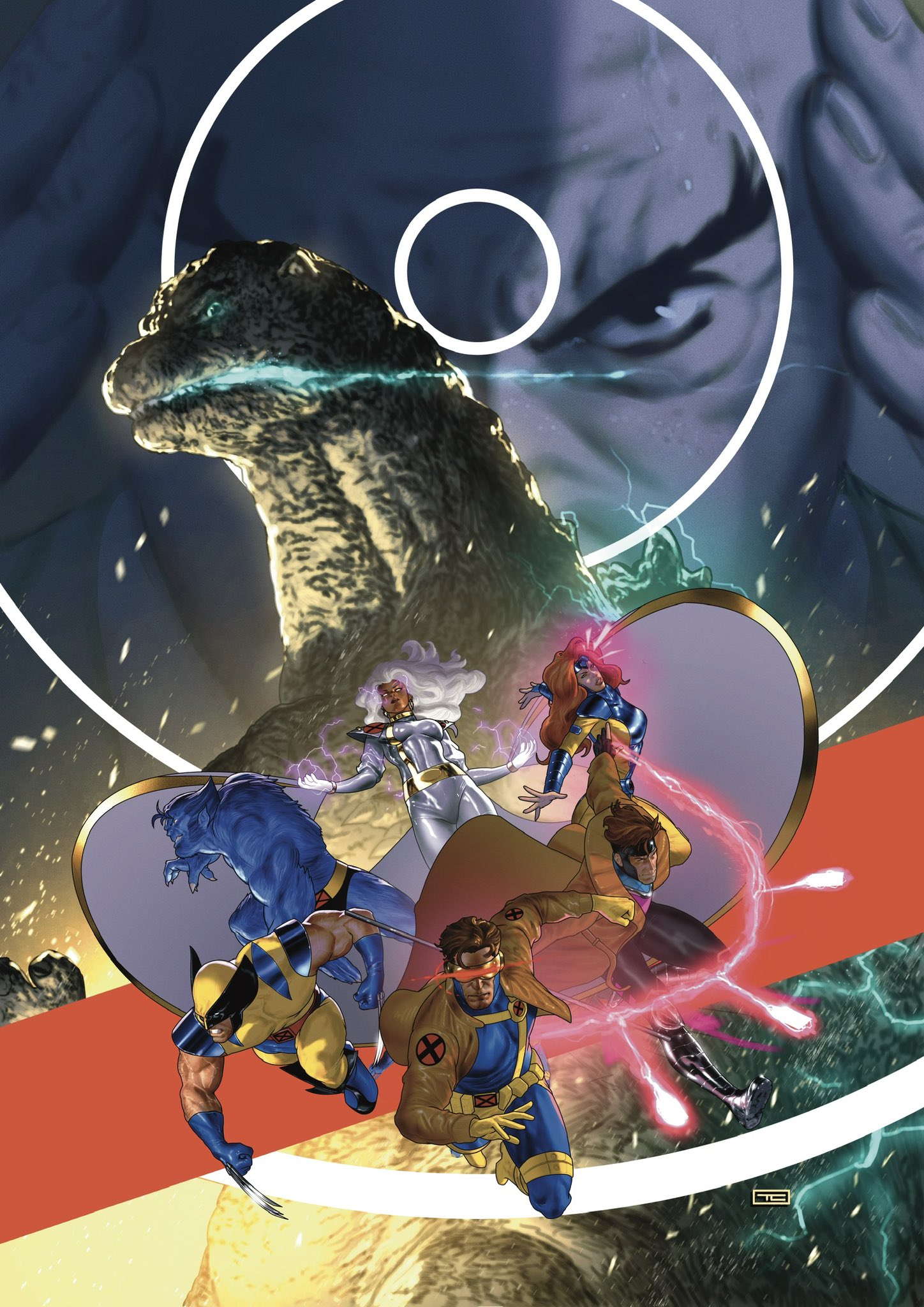 2girls 5boys beast_(x-men) blue_eyes charles_xavier claws cosplay crossover cyclops_(x-men) dark-skinned_female dark_skin dinosaur electricity energy eye_mask fighting_stance giant giant_monster glasses glowing glowing_eyes glowing_mouth godzilla godzilla_(series) godzilla_vs._x-men highres jean_grey jean_grey_(cosplay) kaiju marvel monster multiple_boys multiple_girls official_art sharp_teeth storm_(x-men) superhero_costume taurin_clarke teeth toho very_dark_skin white_eyes wolverine_(x-men) x-men