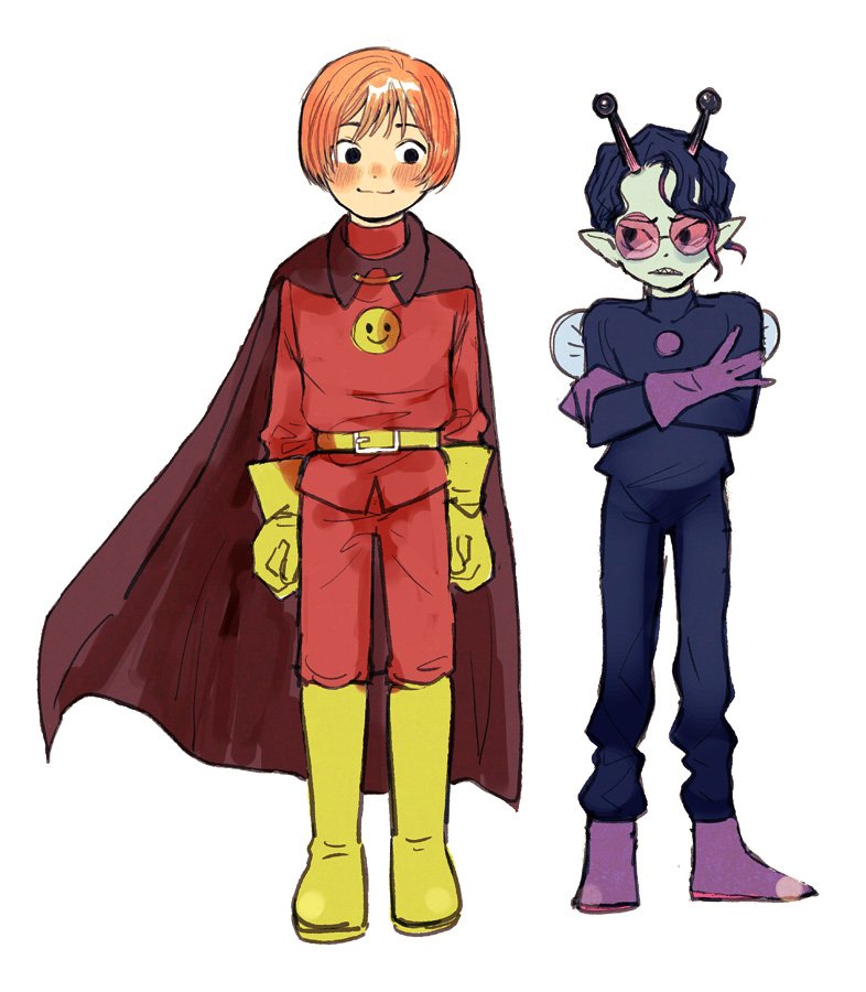 2boys anpanman anpanman_(character) antennae baikinman black_hair blue_skin bob_cut boots colored_skin gloves gradient_hair ken_(shiyu) looking_at_another male_focus multicolored_hair multiple_boys pants pants_tucked_in personification pointy_ears purple_footwear purple_gloves sharp_teeth sunglasses superhero_costume teeth wings yellow_boots yellow_gloves