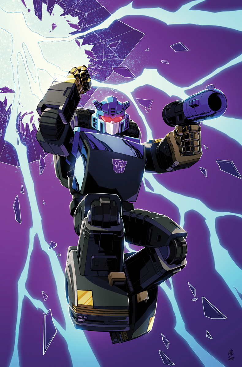 artist_collaboration broken_glass casey_w._coller clenched_hands comic_cover commentary cover cover_page electricity english_commentary glass goldbug_(transformers) gun highres holding holding_gun holding_weapon joana_lafuente mecha no_humans official_art robot science_fiction the_transformers_(idw) transformers transformers_shattered_glass visor weapon
