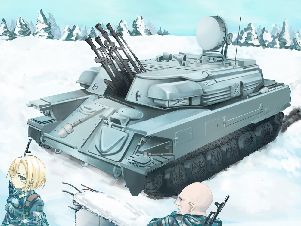 1boy 1girl 2a7_autocannon anti-aircraft anti-aircraft_gun armored_vehicle assault_rifle autocannon blonde_hair blue_eyes breasts cannon caterpillar_tracks cloud day graphite_(medium) gun mechanical_pencil military military_uniform military_vehicle motor_vehicle original pencil radar_dish rifle samazuka_mashiro self-propelled_anti-aircraft-gun self-propelled_anti-aircraft_weapon self-propelled_gun shilka short_hair snow tank traditional_media tree turret weapon zsu-23-4