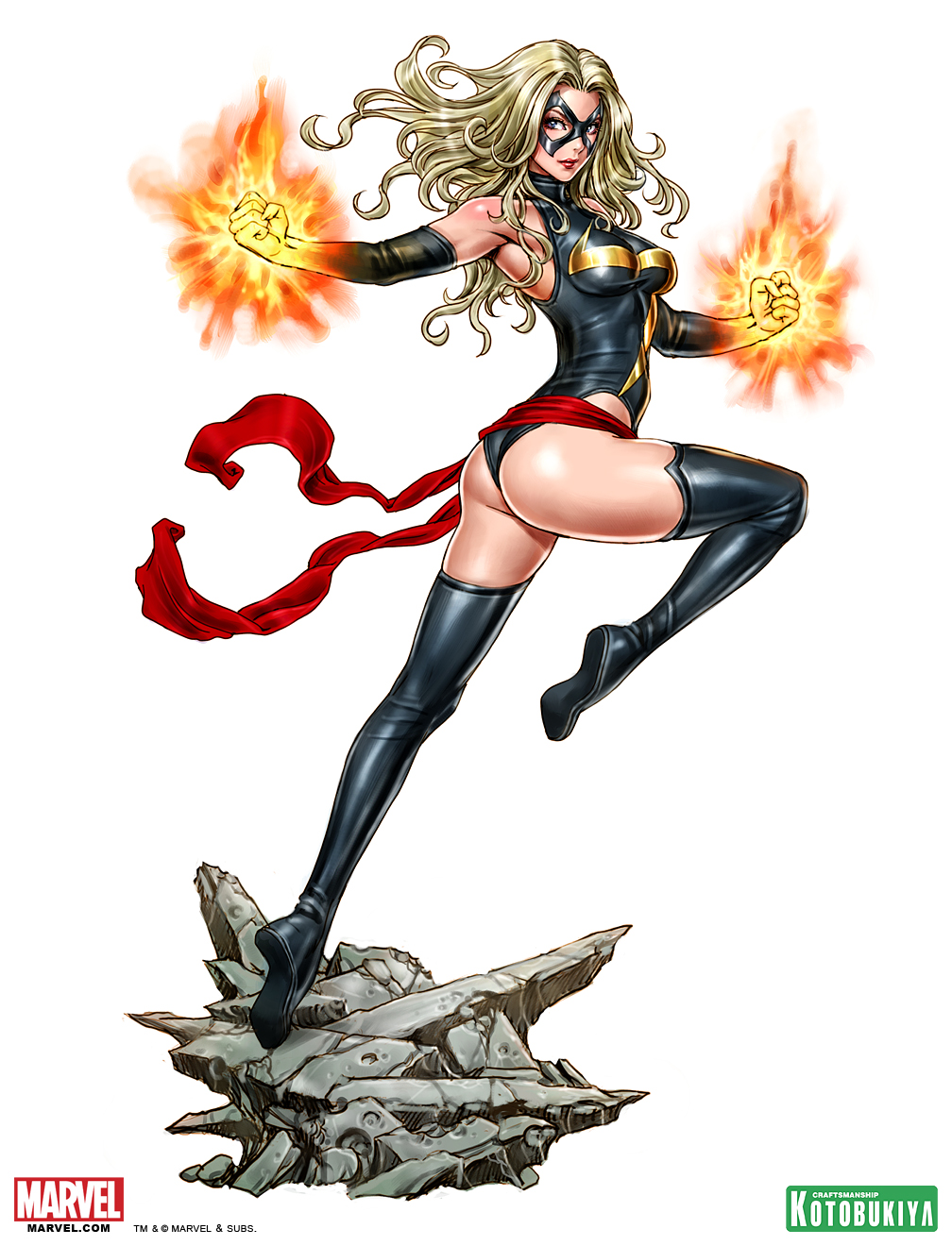 1girl arched_back armpits ass bare_shoulders black_thighhighs blonde_hair blue_eyes boots carol_danvers carol_susan_jane_danvers domino_mask dual_wielding elbow_gloves female_focus fighting_stance fire full_body gloves glowing highleg highleg_leotard highres holding jumping leg_lift leg_up legs leotard lipstick long_hair long_legs looking_at_viewer looking_back makeup marvel mask ms._marvel ms._marvel_(series) ms_marvel outstretched_arms rock sash shiny_clothes simple_background skin_tight solo spread_arms thigh_boots thighhighs thighs turtleneck wavy_hair yamashita_shun&#039;ya