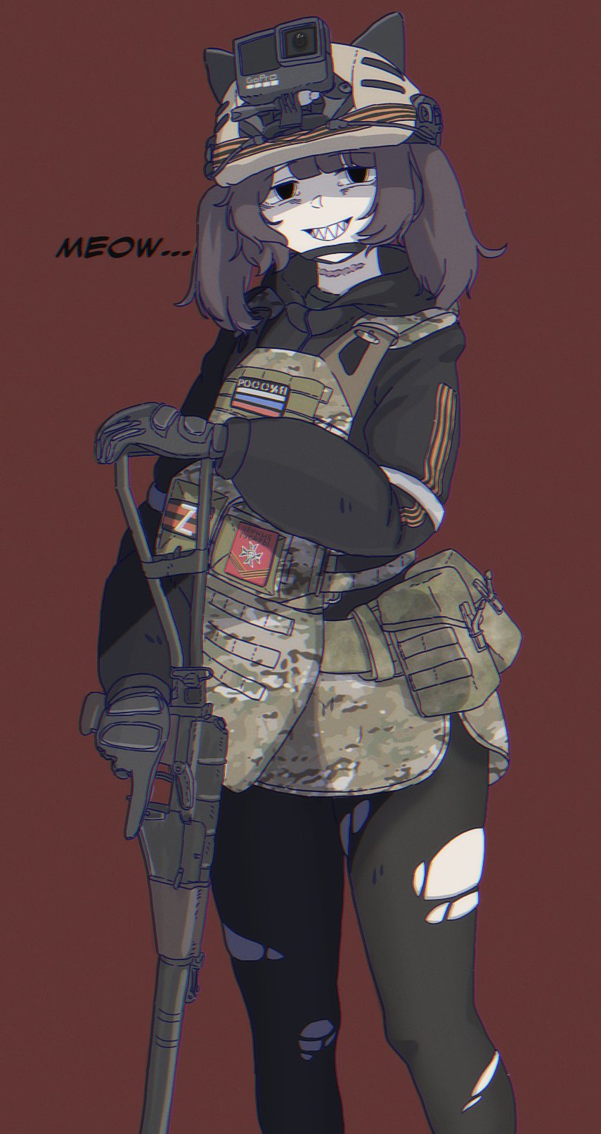 1girl action_camera animal_ears as_val assault_rifle b1-517 black_jacket body_armor brown_hair bulletproof_vest camouflage cat_ears evil_grin evil_smile gloves grin gun helmet highres jacket kalashnikov_rifle looking_at_viewer military military_uniform original red_background ribbon_of_saint_george rifle russian_ground_forces scar scar_on_neck sharp_teeth smile solid_circle_eyes solo teeth thighhighs torn torn_clothes torn_thighhighs twintails video_camera weapon z_(russian_symbol)