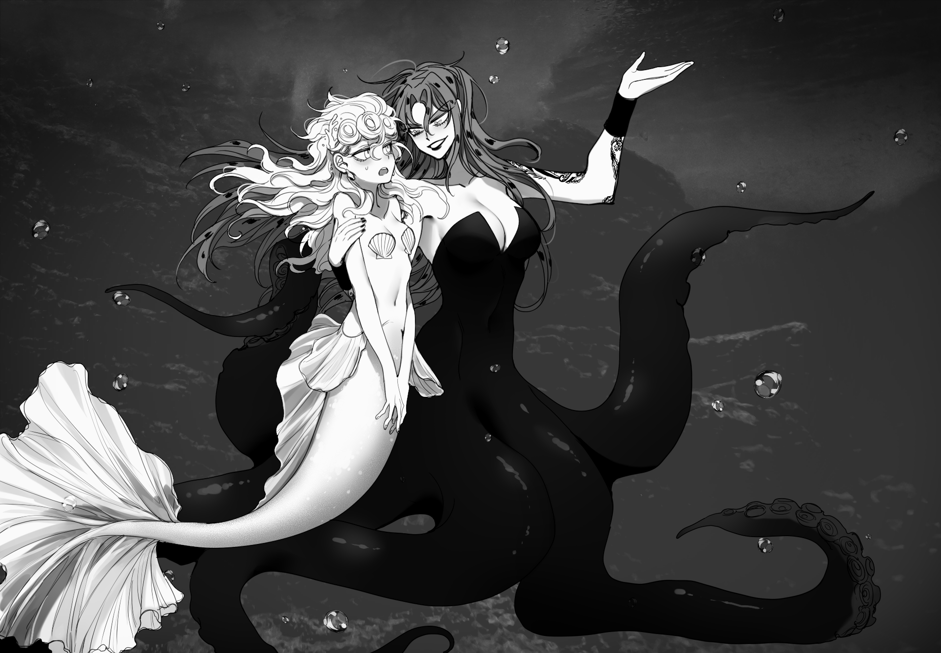 2girls air_bubble ariel_(disney) ariel_(disney)_(cosplay) arm_around_shoulder arm_tattoo breasts bubble cleavage commentary_request cosplay diavolo evil_smile frown genderswap genderswap_(mtf) giorno_giovanna highres jojo_no_kimyou_na_bouken large_breasts lipstick makeup mermaid monster_girl multiple_girls navel pasties scylla sempon_(doppio_note) shell small_breasts smile sweatdrop tattoo tentacles the_little_mermaid_(disney) underwater ursula_(disney) ursula_(disney)_(cosplay) vento_aureo