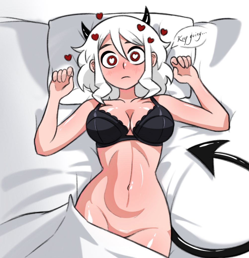 1girl blush breasts bright_pupils closed_mouth collarbone commentary demon_horns demon_tail english_commentary english_text from_above graphicthereal groin hair_between_eyes heart heart-shaped_pupils helltaker horns large_breasts looking_at_viewer loving_aura lying medium_hair modeus_(helltaker) navel on_back on_bed red_eyes speech_bubble symbol-shaped_pupils tail white_hair white_pupils
