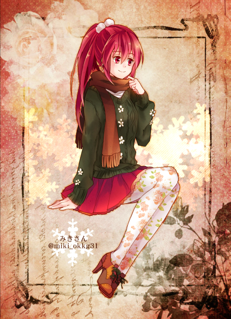 1girl arm_support brown_footwear brown_scarf cross-laced_footwear female_focus free! frilled_skirt frills full_body green_ribbon green_sweater hair_between_eyes hair_ornament high_heels invisible_chair lace-up_heels long_hair long_sleeves matsuoka_gou miniskirt momoko_(momoko14) oxford_heels pantyhose pleated_skirt ponytail print_pantyhose red_eyes red_hair red_skirt ribbon scarf sitting skirt smile solo sweater white_pantyhose