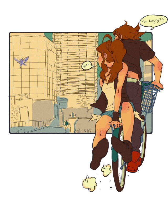 1boy 1girl ahoge bicycle black_shirt brown_hair city crobat elekid exposed_pocket gen_1_pokemon gen_2_pokemon gen_5_pokemon hilbert_(pokemon) hilda_(pokemon) machop nintendo olee pikachu pokemon pokemon_(creature) pokemon_bw riding riding_bicycle shirt trubbish