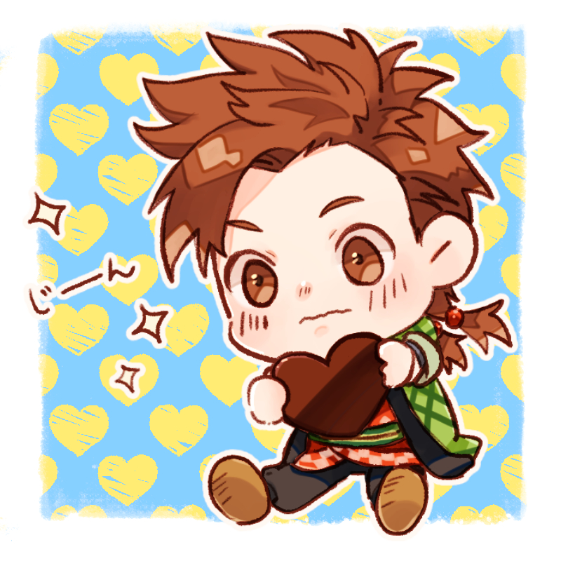 1boy black_pants blue_background blush bokujou_monogatari bokujou_monogatari:_mittsu_no_sato_no_taisetsuna_tomodachi border brown_eyes brown_hair brown_shoes checkered_clothes chibi chibi_only closed_mouth green_haori green_sash hair_bobbles hair_ornament haori heart heart_background hinata_(bokujou_monogatari) holding holding_heart japanese_clothes jinbei_(clothes) looking_at_viewer male_focus mullet nose_blush obi pants parted_bangs rattail red_shirt salad726 sandals sash shirt shoes sitting solo sparkle spiked_hair wavy_mouth white_border yellow_background zouri