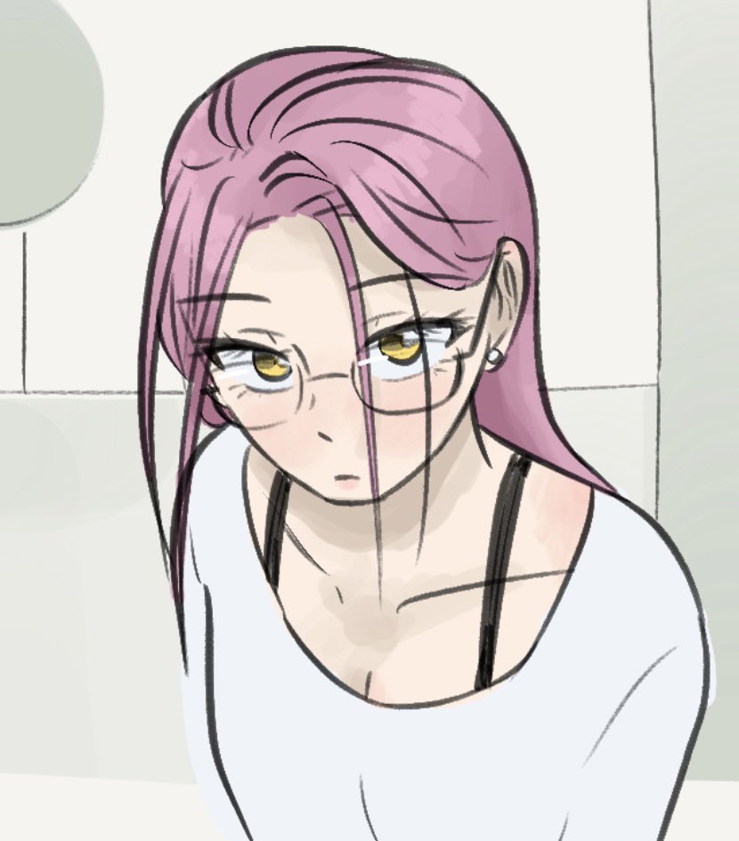 1girl alien_stage bra_strap closed_mouth commentary earrings from_above glasses hashtag-only_commentary jewelry long_hair mizi_(alien_stage) motii pink_hair shirt solo white_shirt