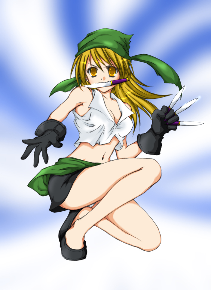 1990s_(style) 1girl bandana blonde_hair female_focus final_fantasy final_fantasy_iii haruhiko_pearl knife midriff refia retro_artstyle solo yellow_eyes