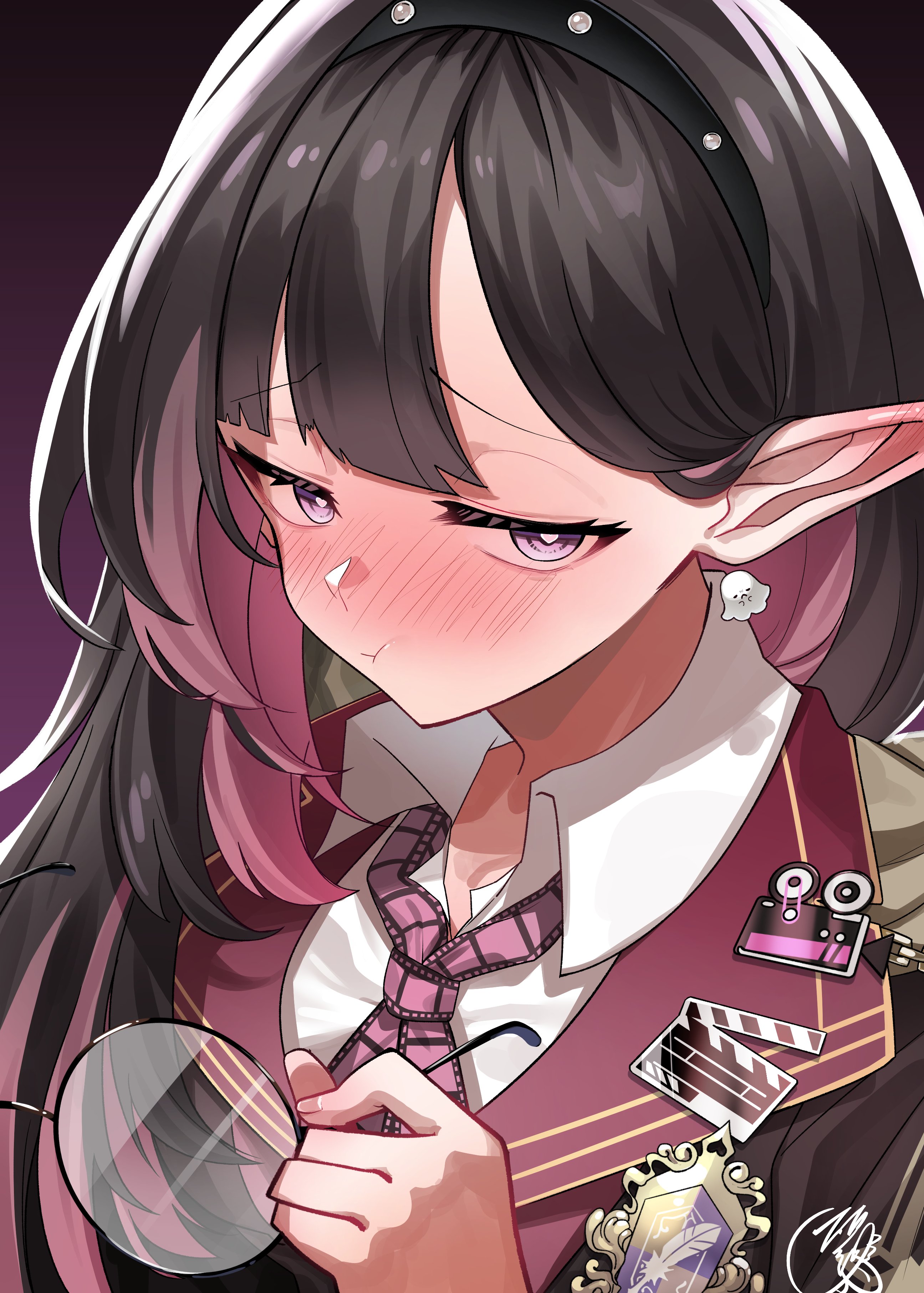 1girl :t absurdres black_hair black_hairband blush bright_pupils clapperboard collared_shirt colored_inner_hair earrings ghost_earrings glasses hairband heart heart-shaped_pupils highres holding holding_removed_eyewear indie_virtual_youtuber jewelry multicolored_hair necktie nema_filluna pink_hair pink_necktie pointy_ears purple_eyes round_eyewear shirt signature solo sui_hi_sf symbol-shaped_pupils unworn_eyewear upper_body virtual_youtuber white_pupils white_shirt